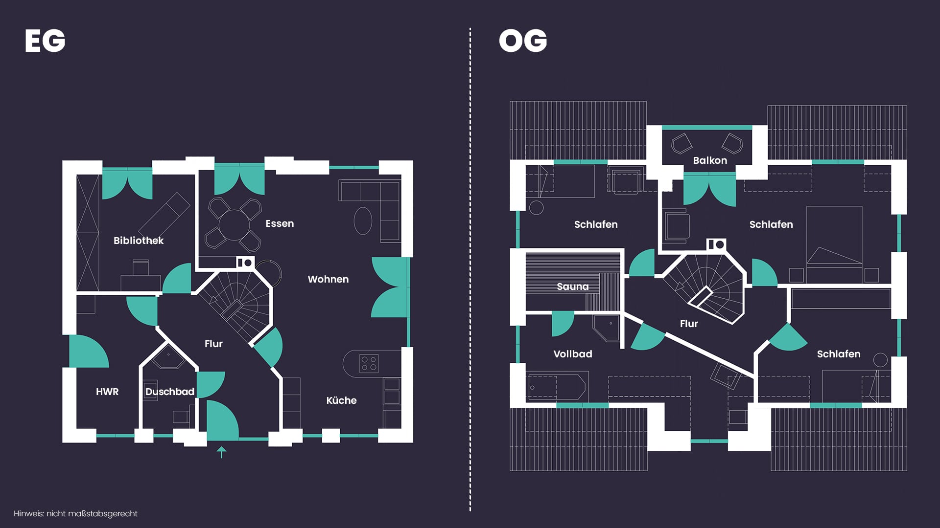 Der Grundriss vom Erdgeschoss und Obergeschoss des Traumhauses im Ostseeblick. Erdgeschoss mit offenem Wohn- und Essbereich, Bibiliothek, Hauswirtschaftsraum, Duschbad und Flur mit Treppe. Im Obergschoss: 3 Schlafzimmer, ein Balkon, Sauna, Vollbad und Flur.