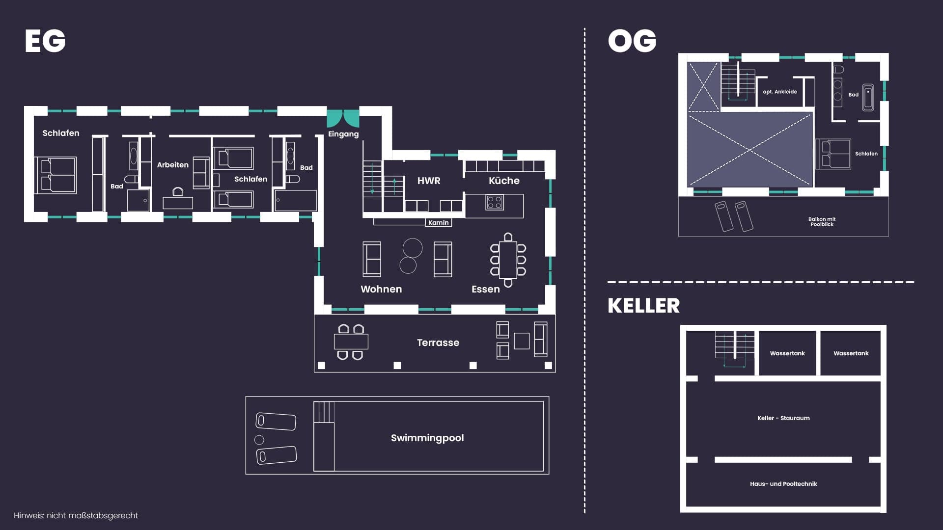 Grundriss des Traumhauses auf Mallorca von Erd-. Obergeschoss und Keller