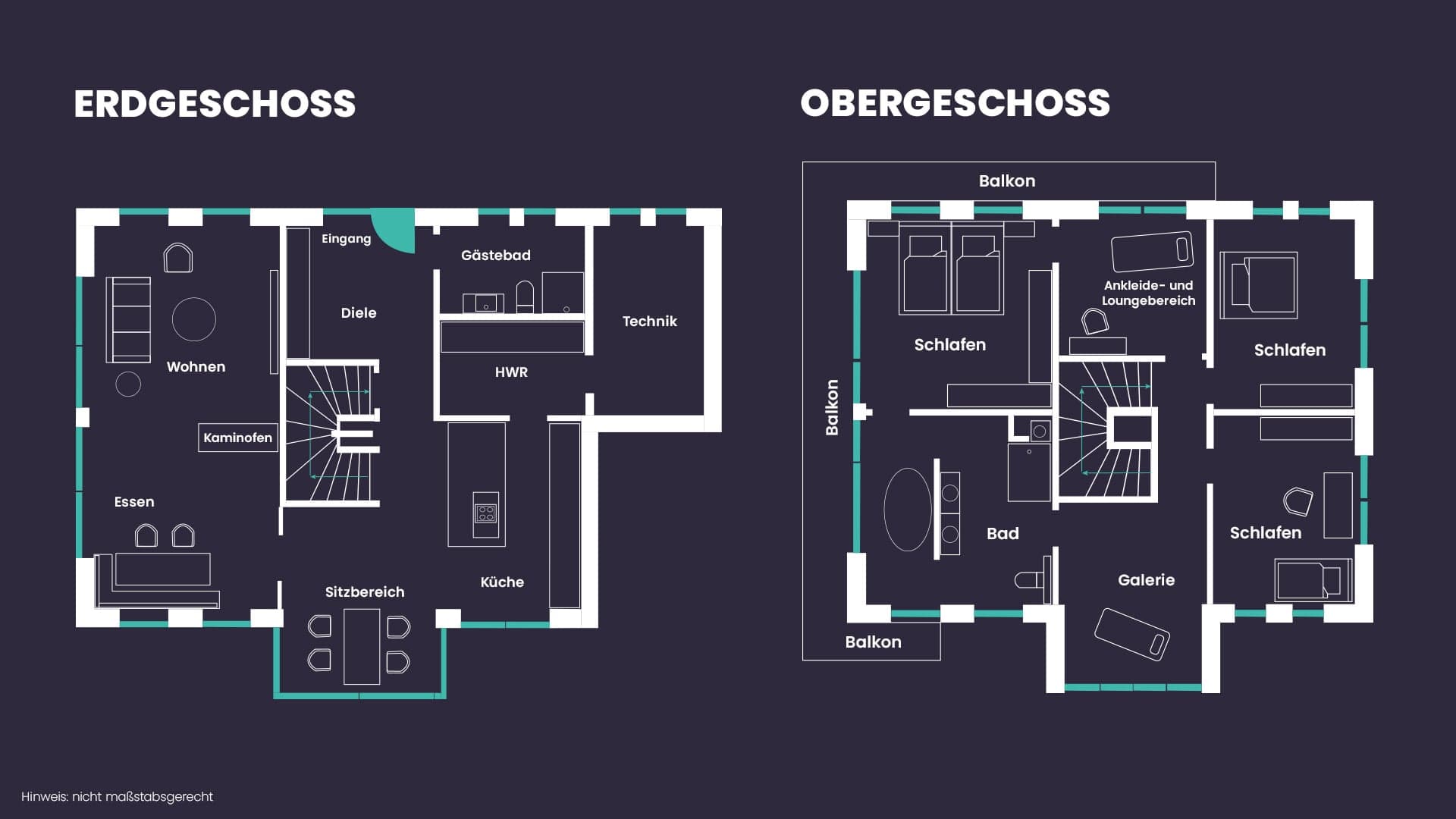 Der Grundriss vom Erd- und Obergeschoss des Traumhauses am Chiemsee