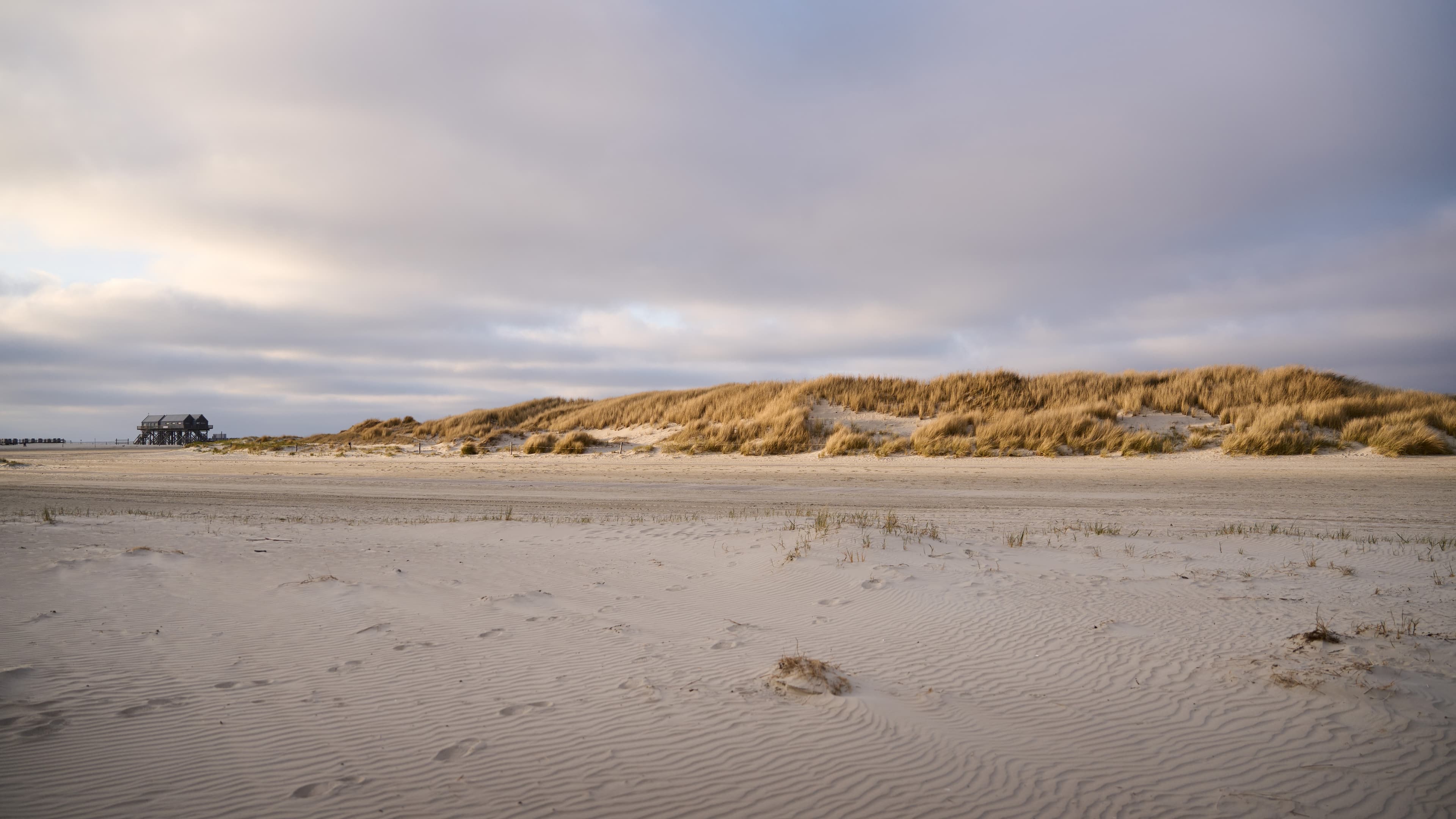 Der lange Sandstrand von St. Peter-Ording mit den berühmten Stelzenhäusern in der Ferne